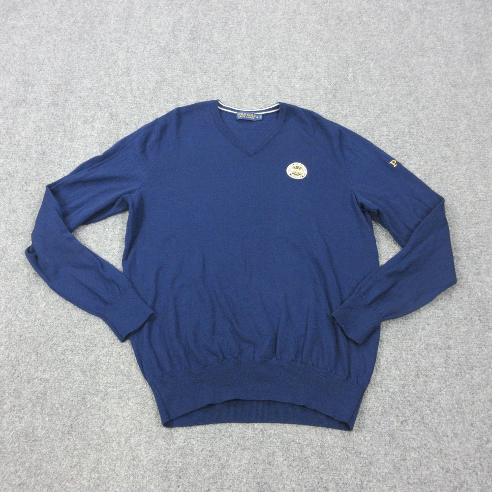 Polo Golf Ralph Lauren Sweater Mens Medium Blue V Neck Merino Wool PGA Golf